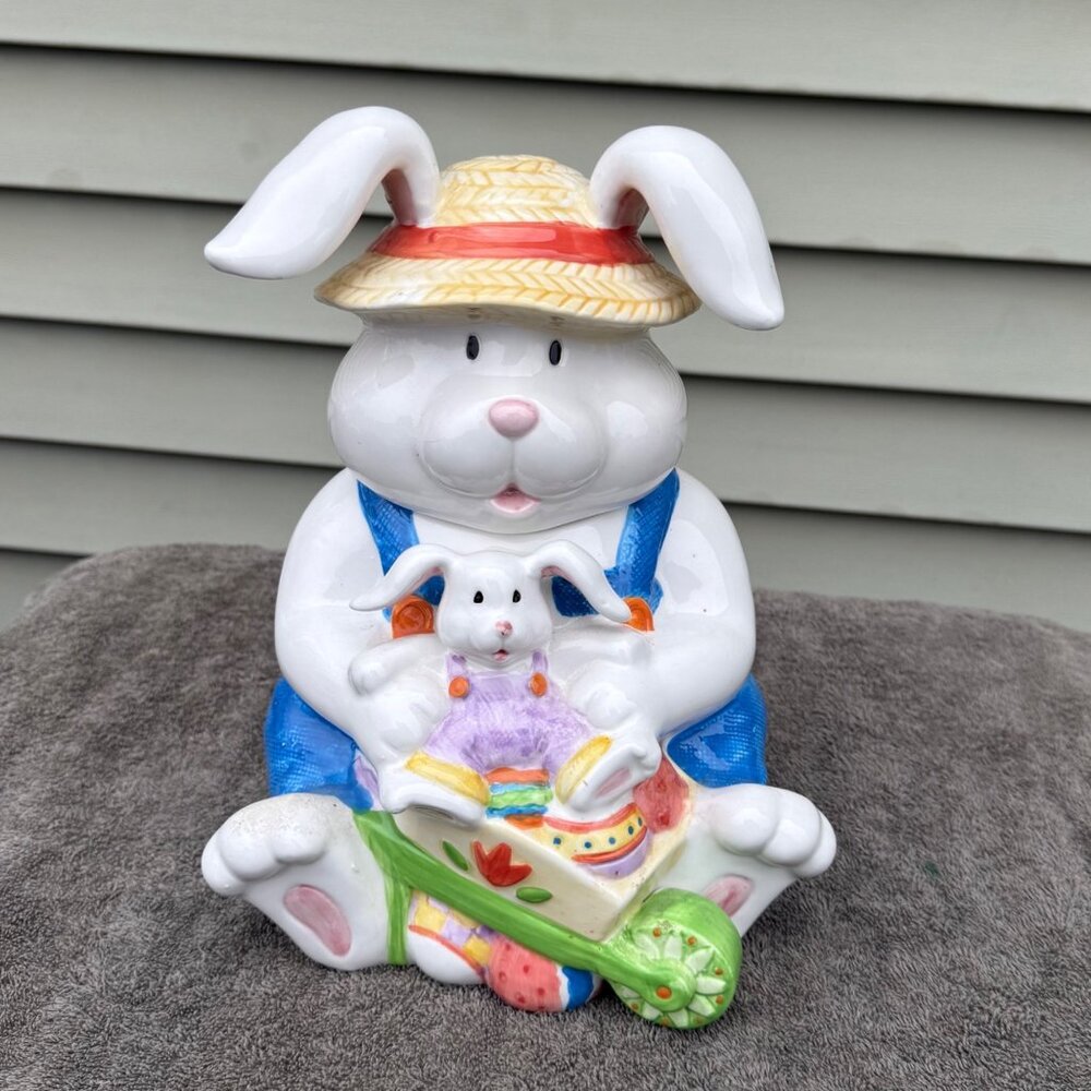 Adorable Ceramic Easter Bunny Rabbit Farmer Cookie Jar